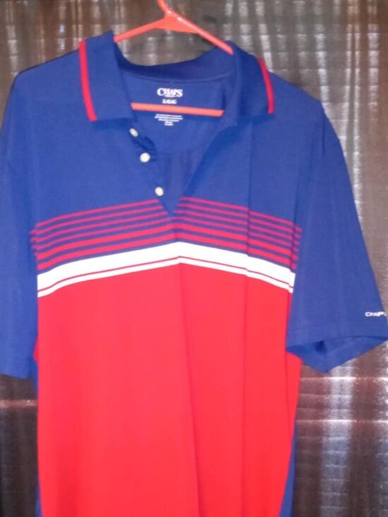 Chaps Other - CHAPS Golf  Polo Shirt Mens L Red White Blue Striped Shirt Sleeve chaps on sleev